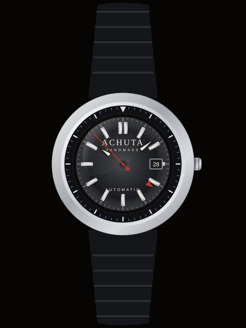 Steel diver case, noir sunburst dial, arrow handset, red GMT and seconds hands