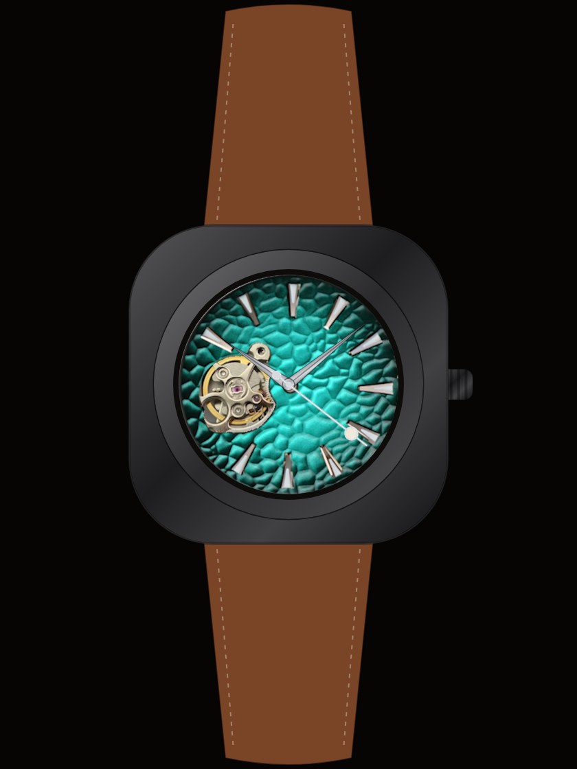 Onyx cushion case, open-heart hammered green dial on cognac leather
